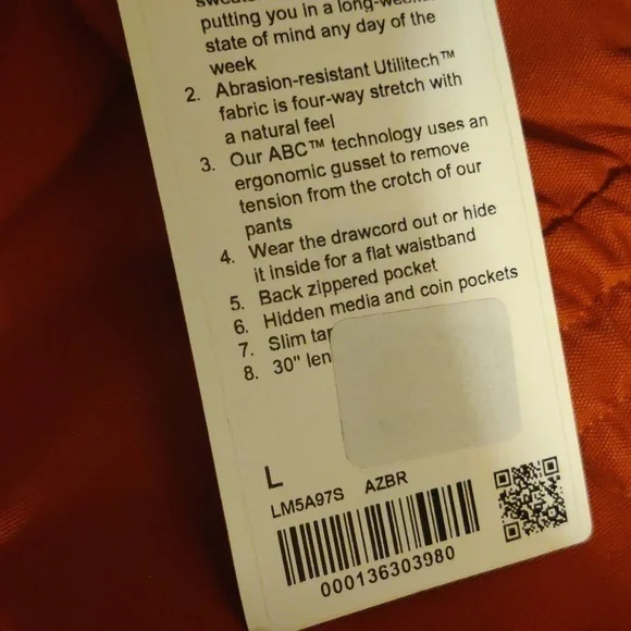 Lululemon Bowline Pant 30 Utilitech Slim Tapered Large Aztec Brick NWT